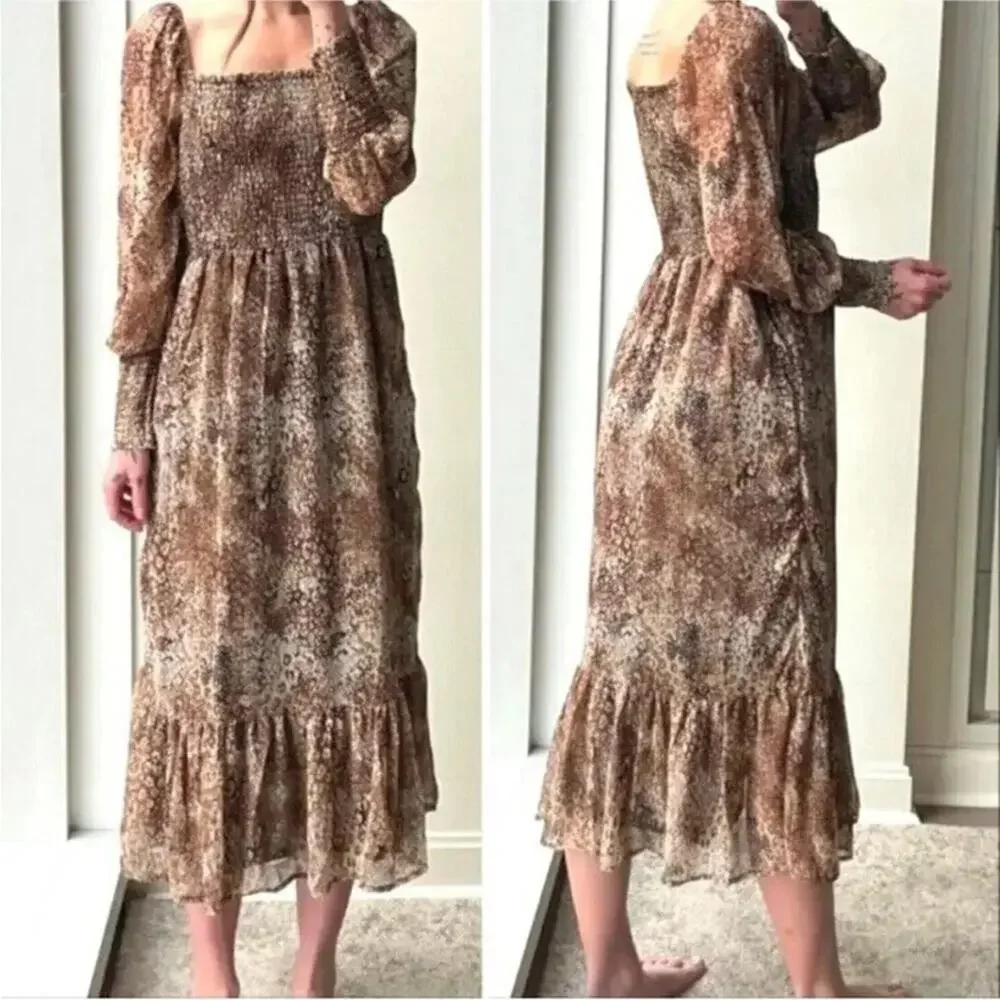 Betsy Johnson Green and Black Leopard animal Print Smocked Tiered Midi Dress S - Picture 3 of 12